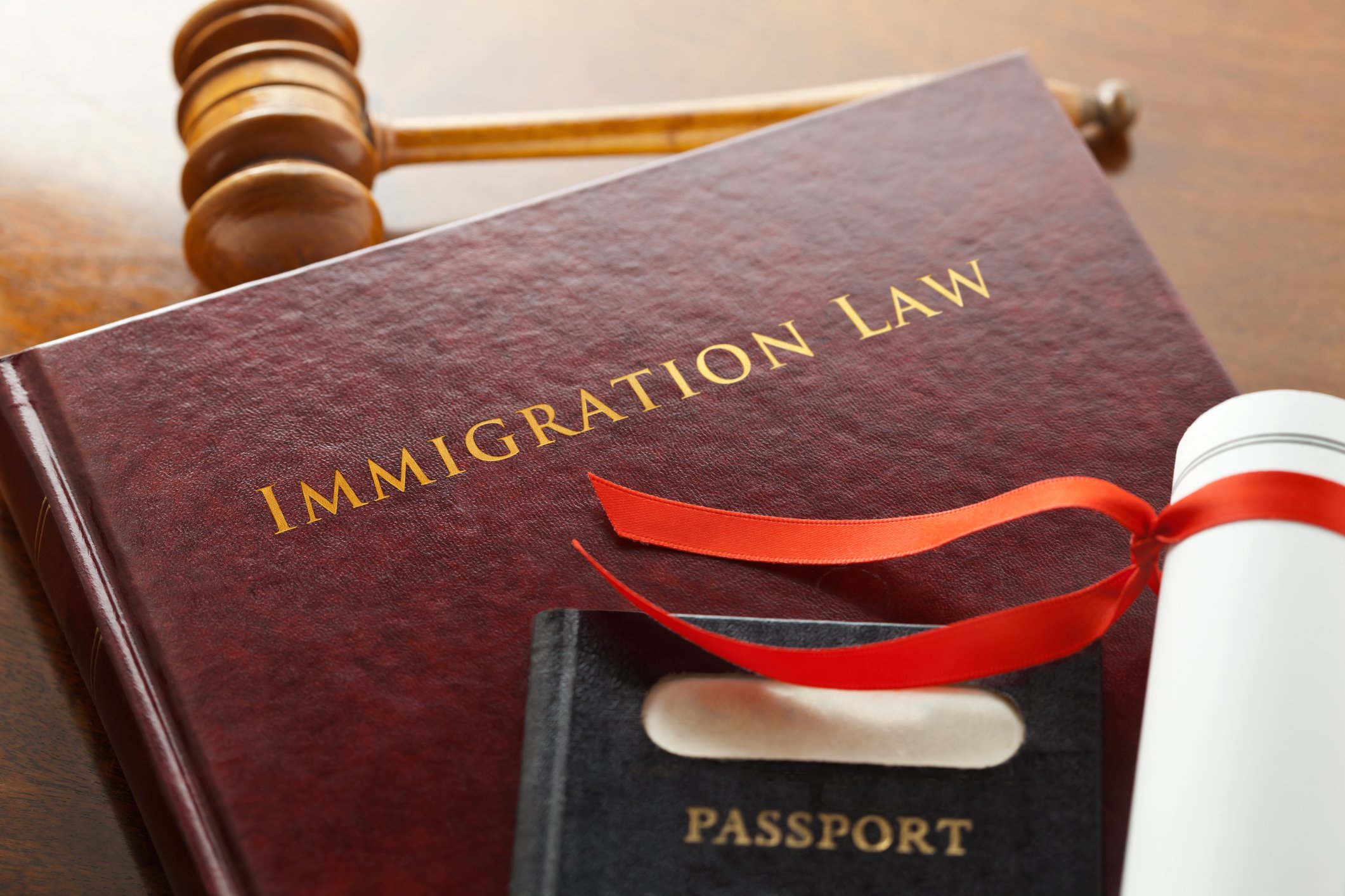 A gavel, an immigration law book, and a passport on a desk.