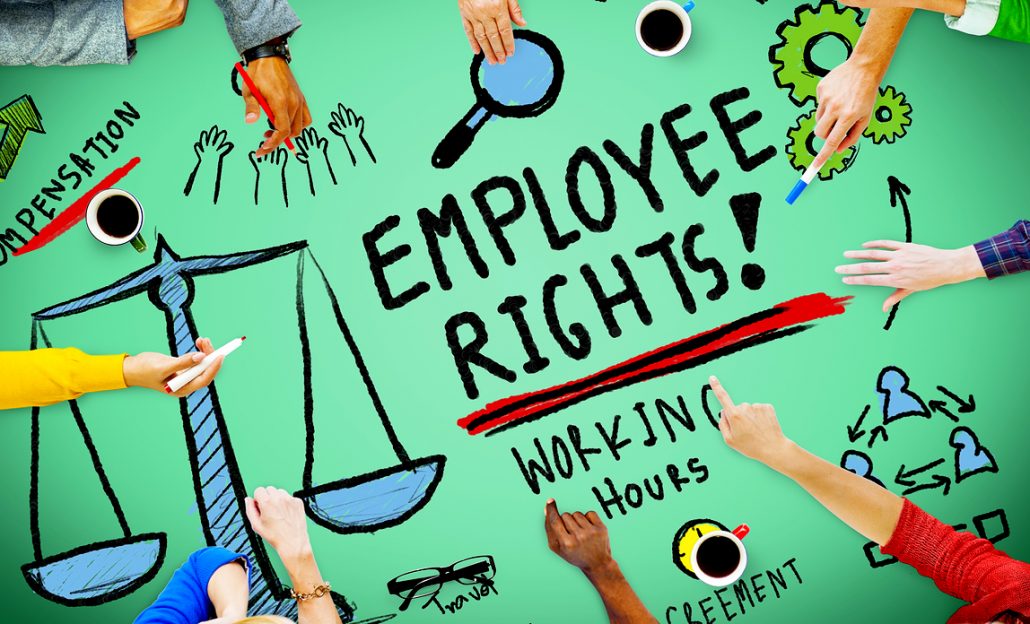 A group of people brainstorming about employee rights in the workplace with text that reads 'Employee Rights' and 'Working Hours'.