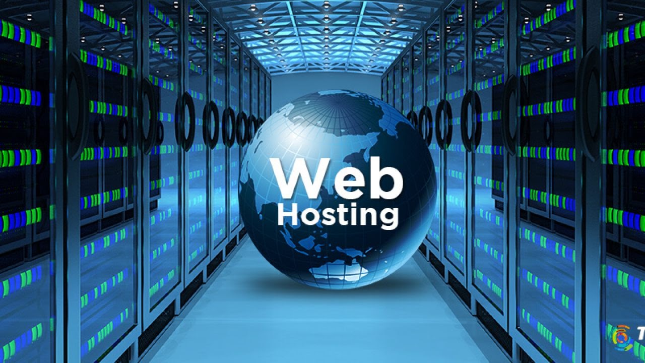 A globe with the words 'Web Hosting' inside it sits in a server room with many computer servers.