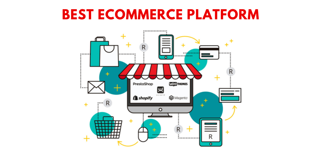 A graphic showing the best eCommerce platforms for small businesses, including Shopify, WooCommerce, Magento, and PrestaShop.