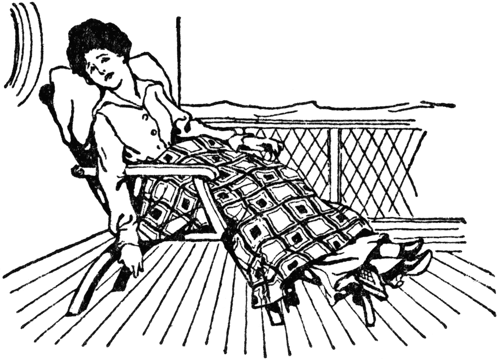 A black and white drawing of a woman reclining in a chair on the deck of a cruise ship with an overwater bungalow in the distance.