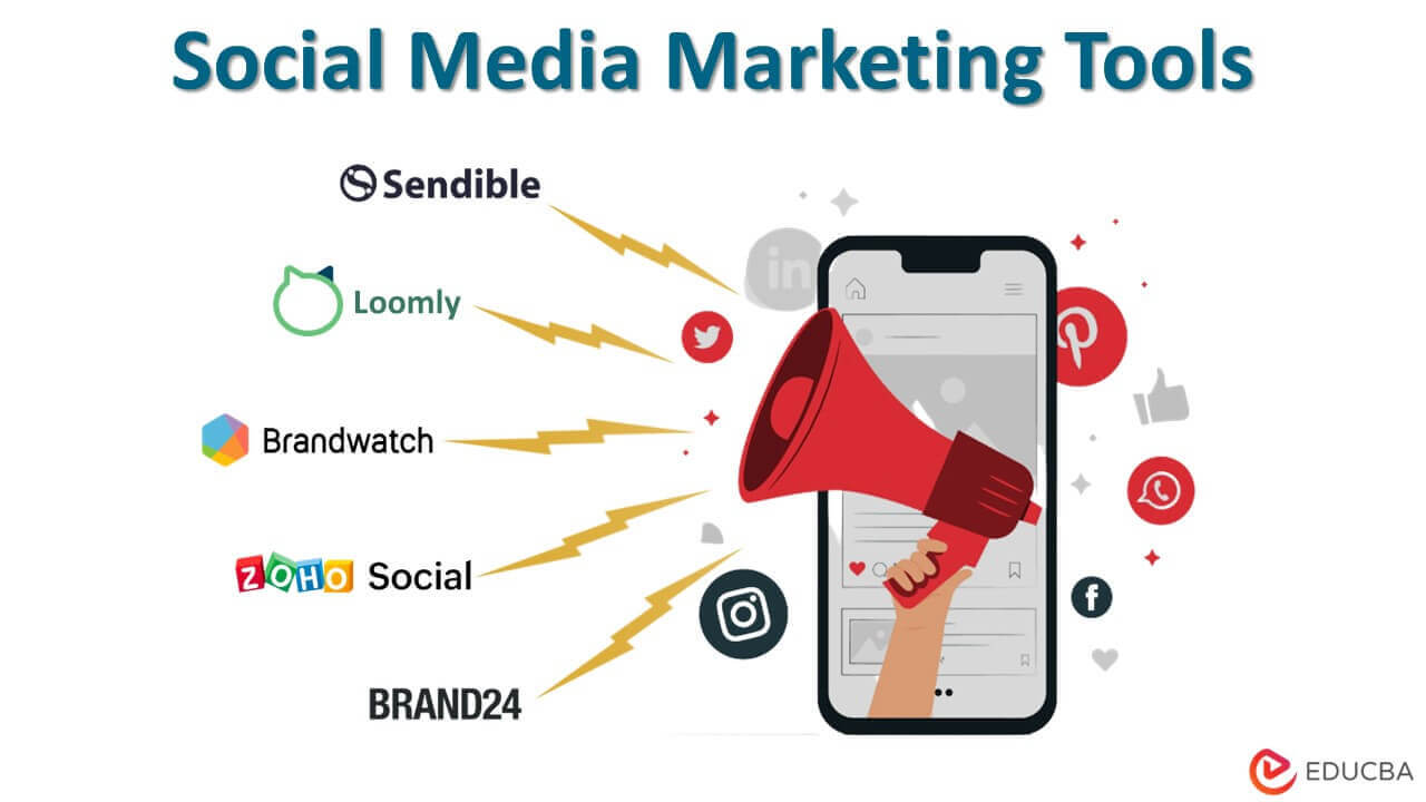 A graphic representing social media marketing tools that help streamline and enhance campaigns, including Sendible, Loomly, Brandwatch, Zoho Social, and Brand24.