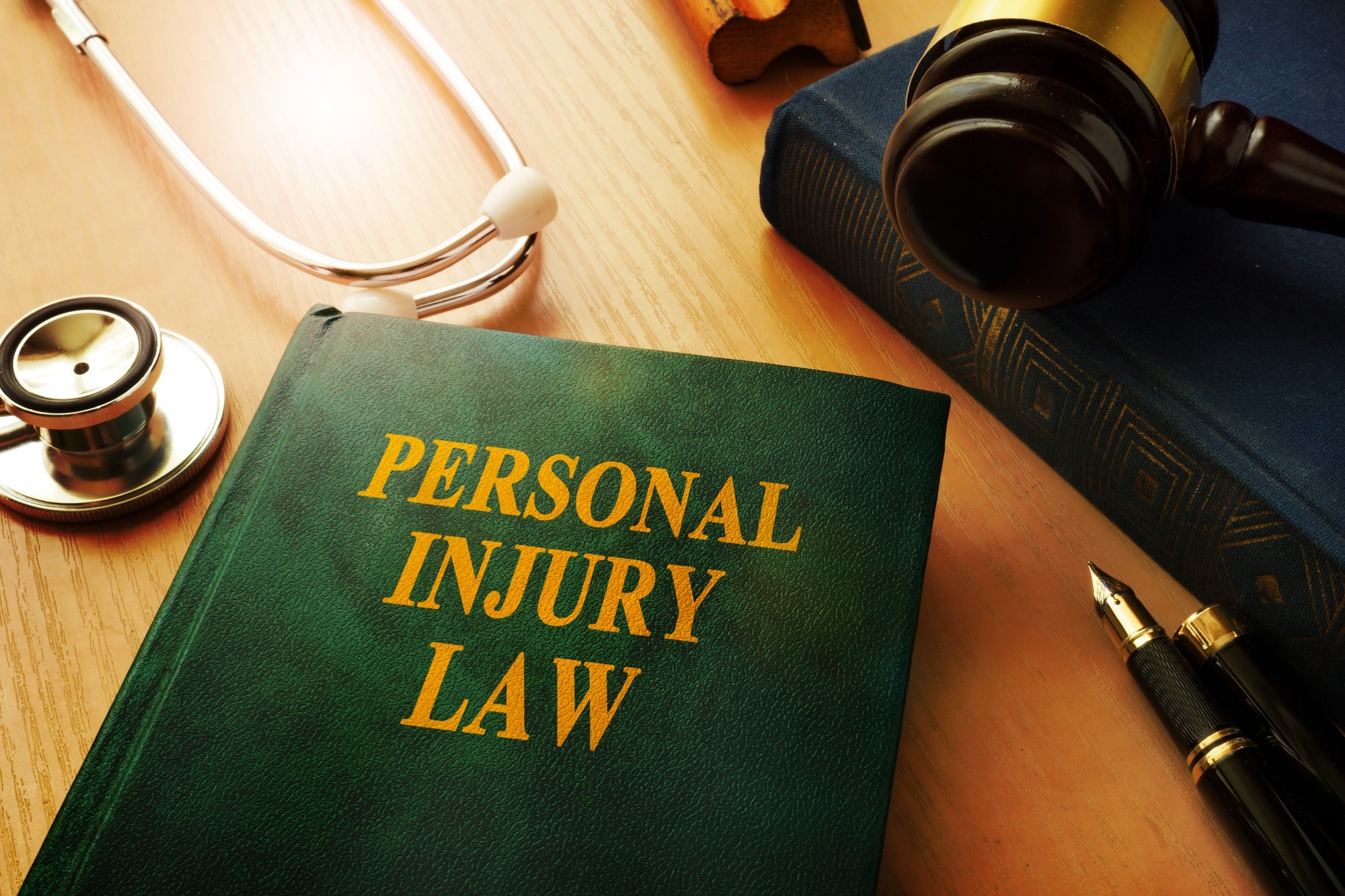 A gavel, stethoscope, and pen rest on a desk next to a book titled 'Personal Injury Law', representing the top personal injury lawyers in 2024.