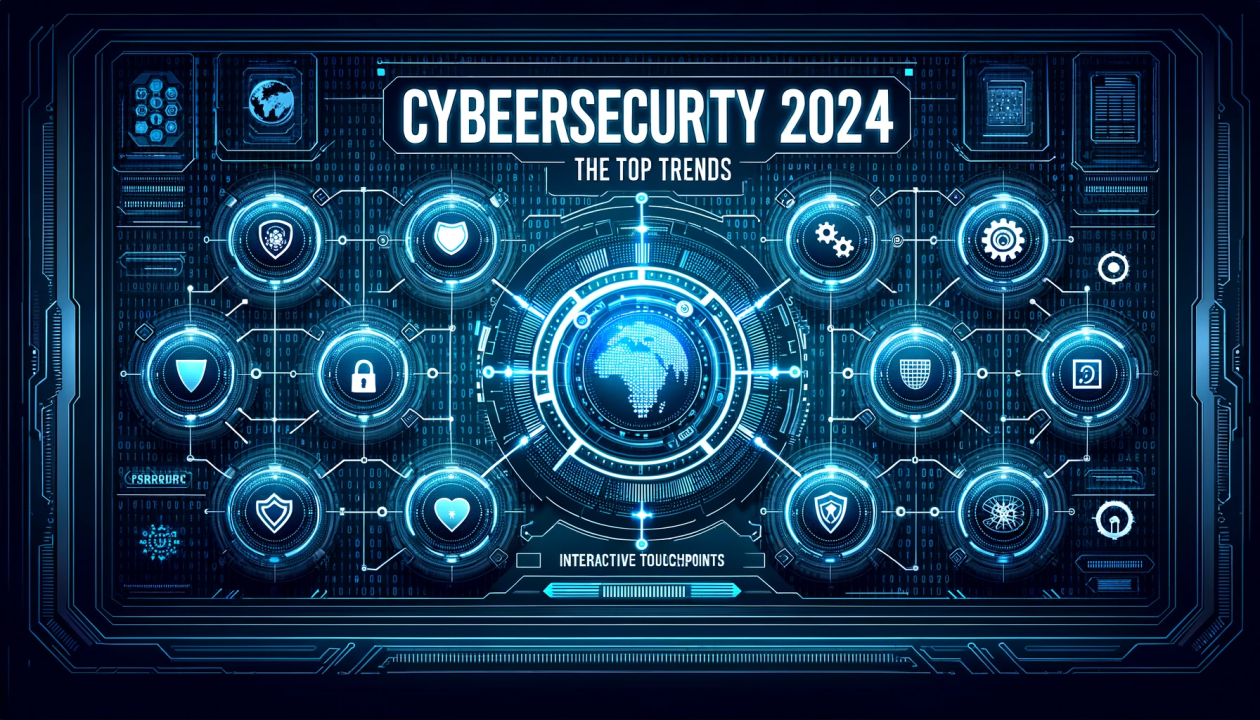 A blue and black illustration of a futuristic cybersecurity system with the text 'Cybersecurity 2024 The Top Trends'.